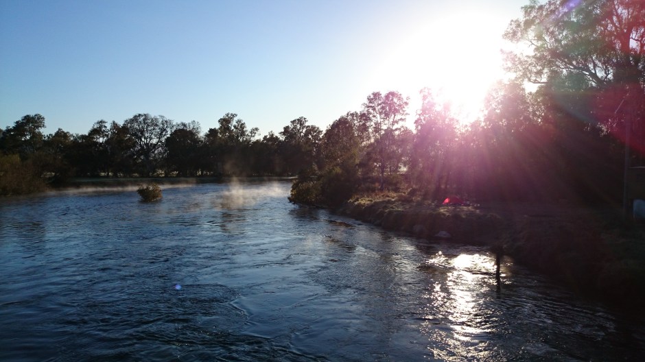 Murray River from Bringenbrong bridge. -5 on the first morning. My tent on the Bringenbrong Reserve river bank